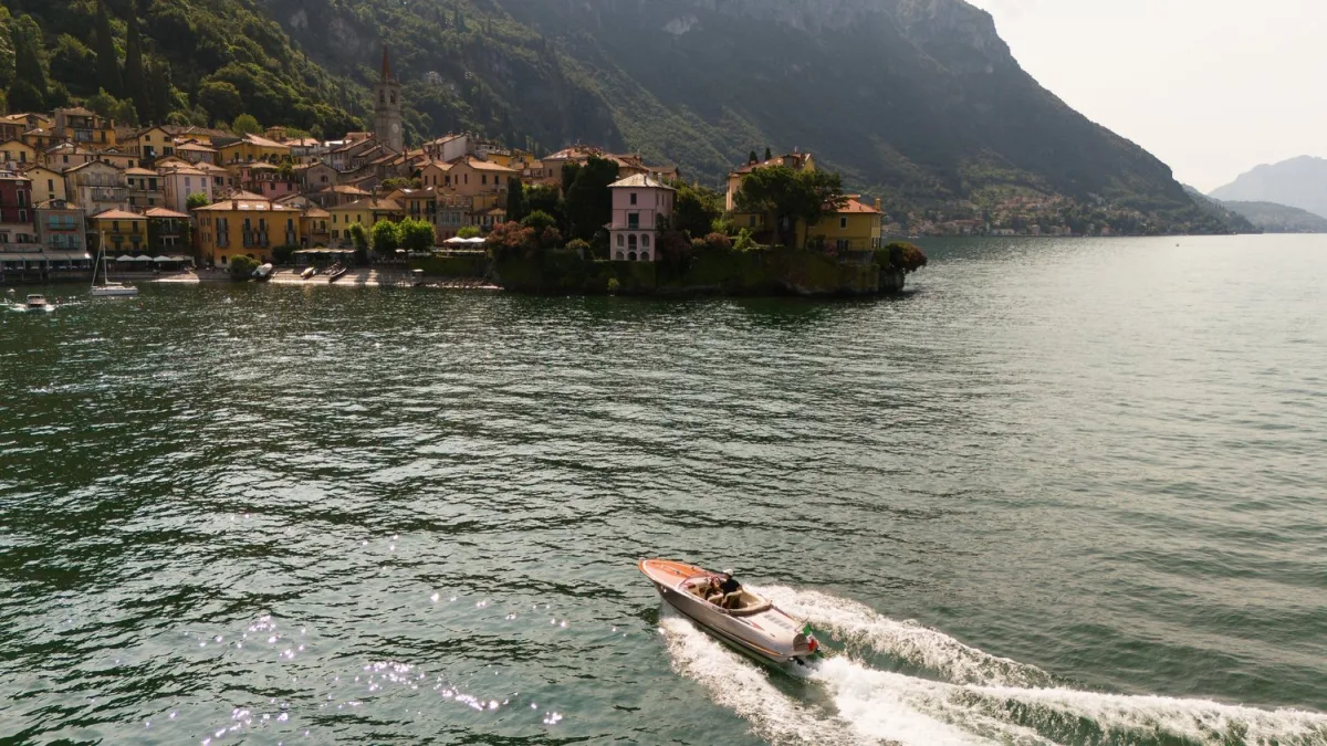 Aerial destination wedding photography of a couple at Lake Como, Italy